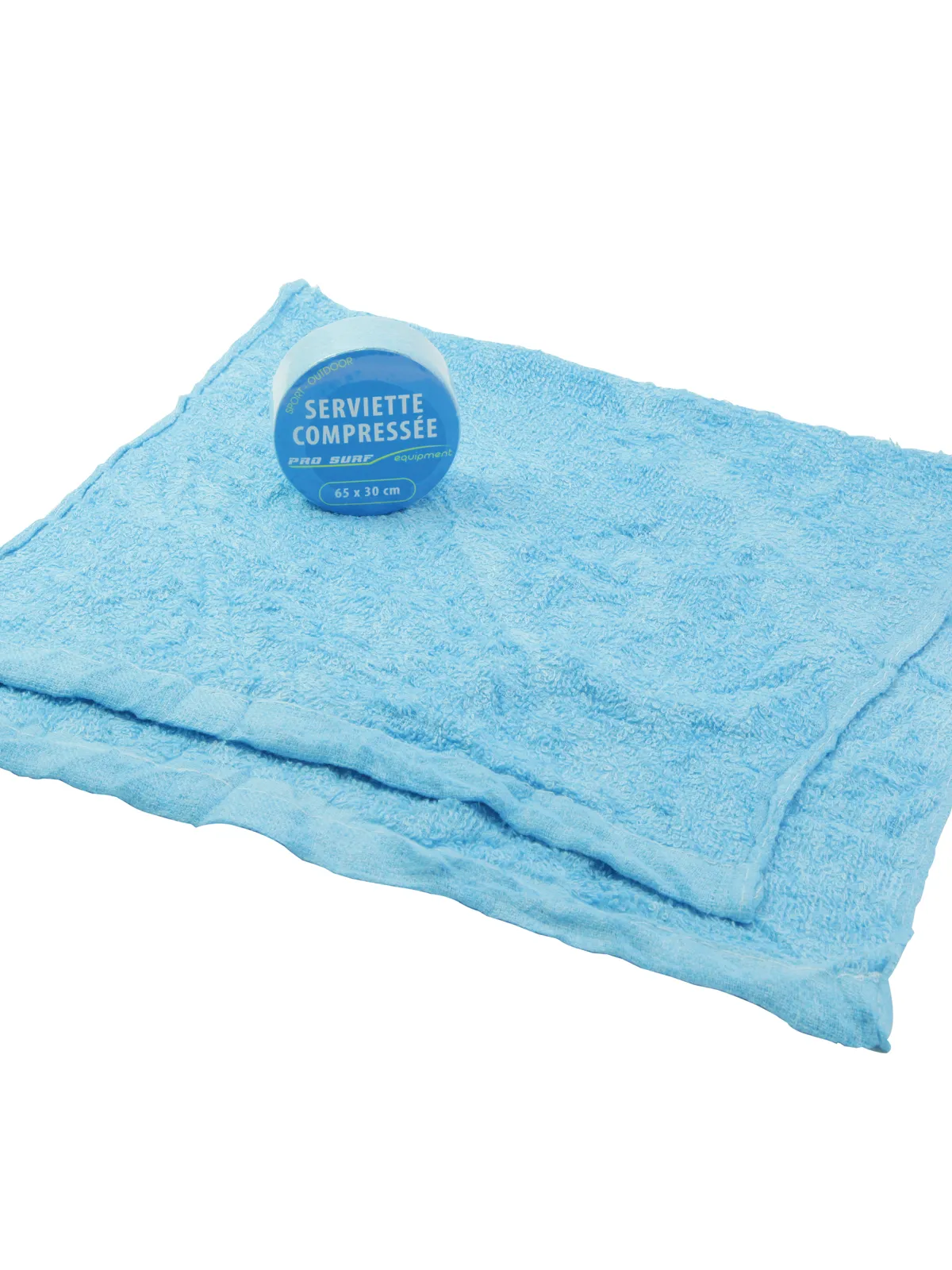 SERVIETTE COMPRESSEE BLEUE Ø 6 cm > 65 x 30 cm
