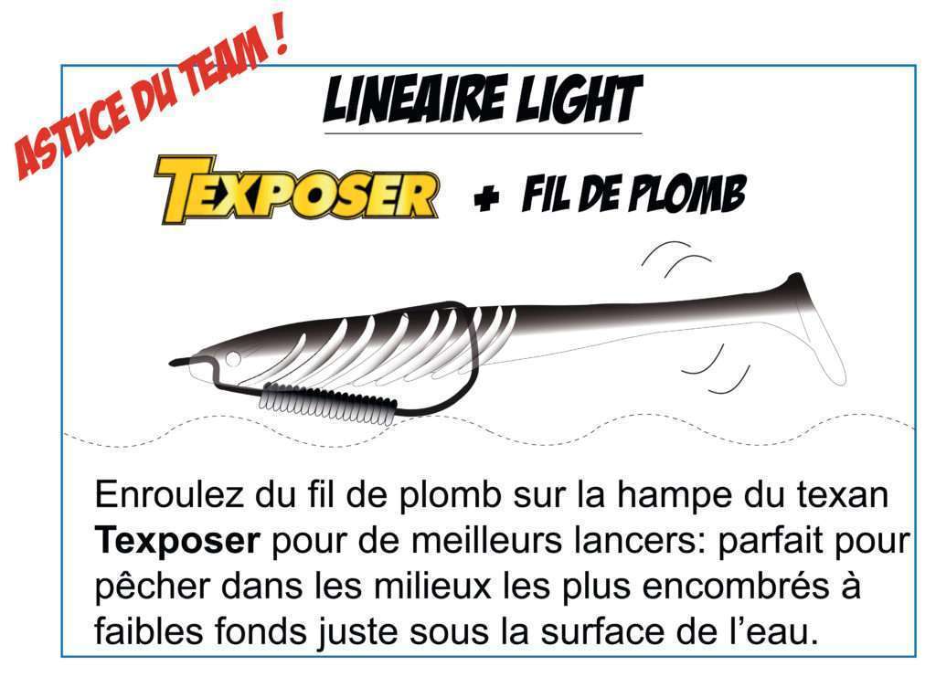 Linéaire light avec un Pulse Yum monté avec un texan plombé sur la hampe