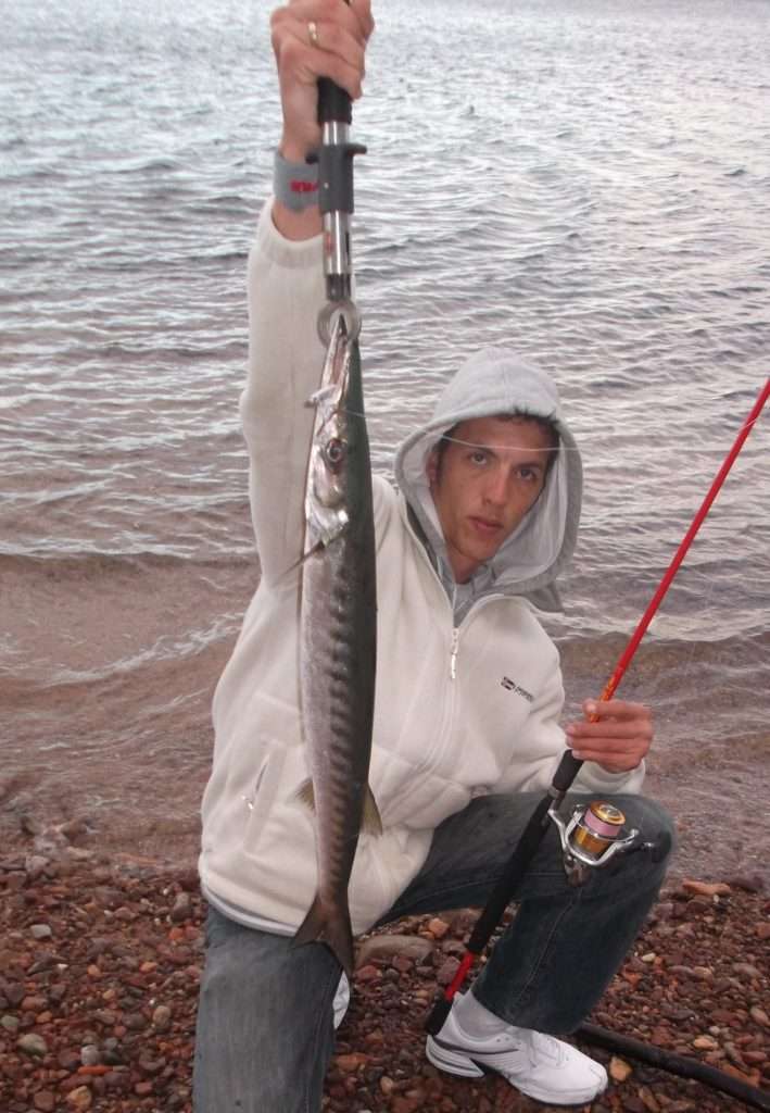 Fabien Harbers avec un barracuda pris à la Cuiller Anchois L-Jack en shore jigging