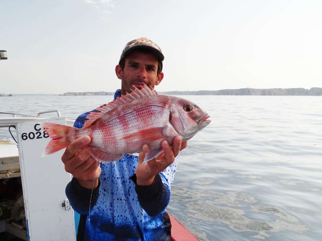 Etienne avec un pagre pris en Atlantique au combo Cuiller Anchois L-Jack / lanière de calamar