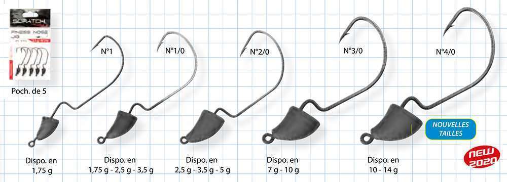 La tête Finess Nose Jig Head Scratch Tackle est disponible dans de multiples combinaisons tailles d’hameçons / poids de la tête