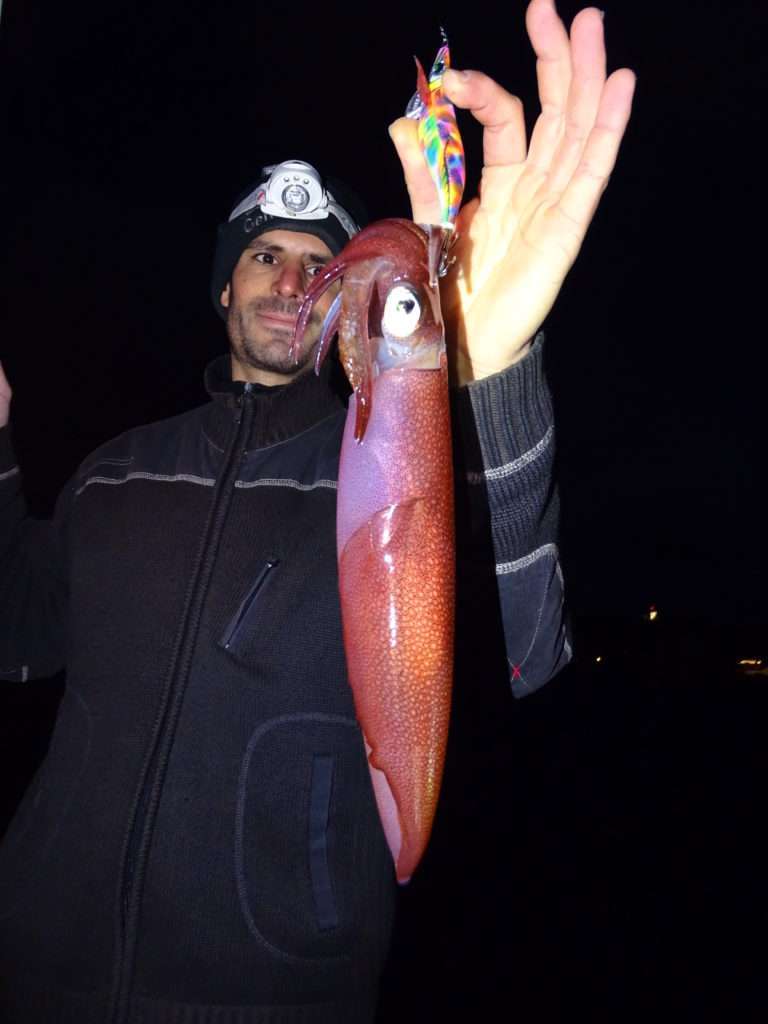 Etienne Goletto avec un beau calamar pris à la Pata Pata Rattle Yo-Zuri