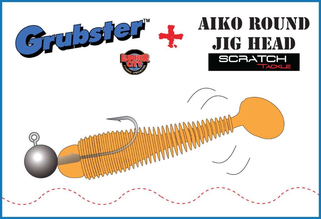 Grubster Lunker City monté sur une tête Aiko Round Jig Head Scratch Tackle