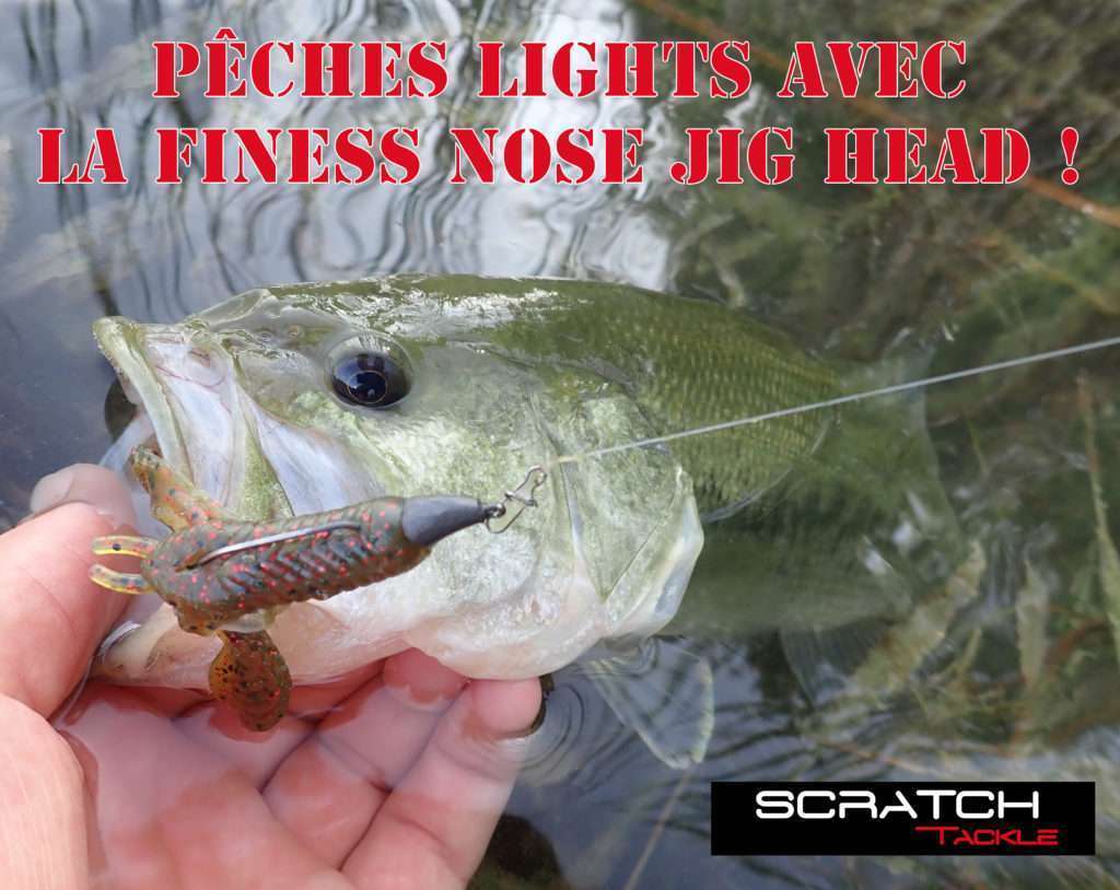 Bass pris avec une Finess nose jig head Scratch Tackle et un Craw Chunk